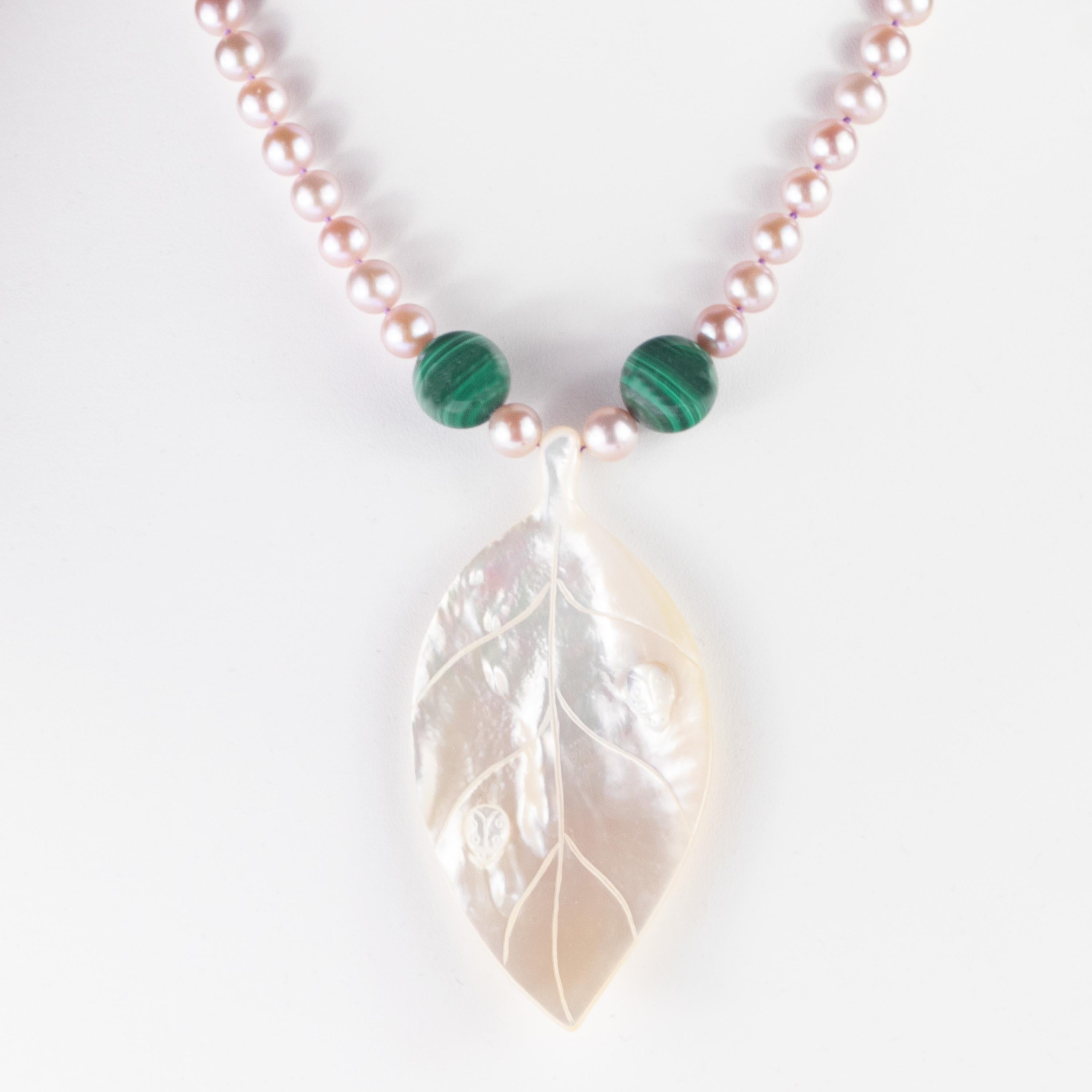 Mixed Cut Leaf Mother of Pearl Malachite Pearl 18 Karat Yellow Gold Tribal Carved Necklace For Sale