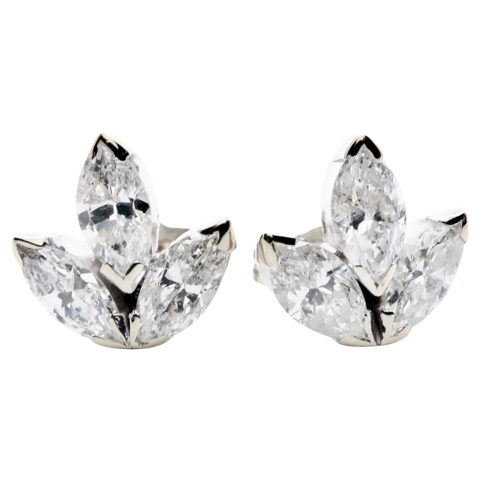  Leaf Motif 1.50ctw Marquise Diamond Stud Earrings in 14K White Gold