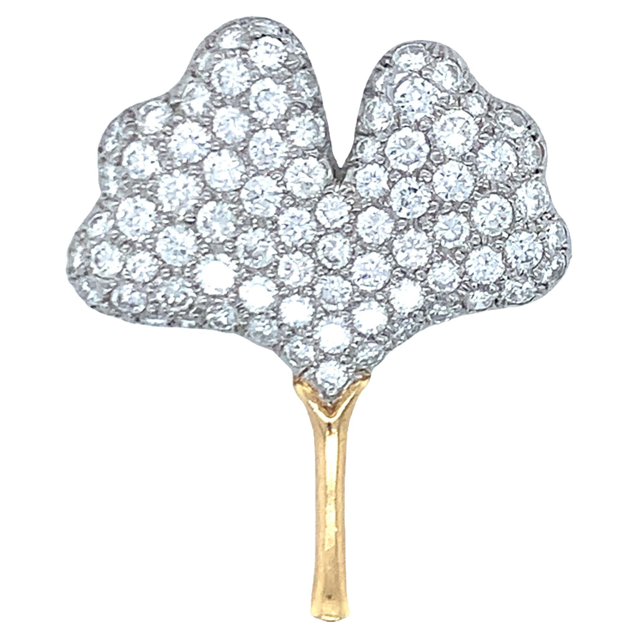 Leaf Motif Diamond Platinum and 18K Gold Pin by Tiffany & Co. For Sale