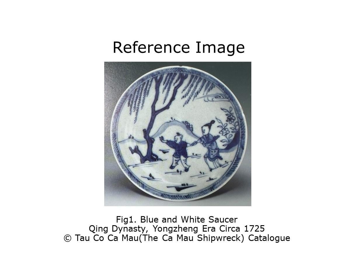 Glazed Leaf Passing Blue and White Saucer Circa 1725, Qing Dynasty, Yongzheng Reign For Sale