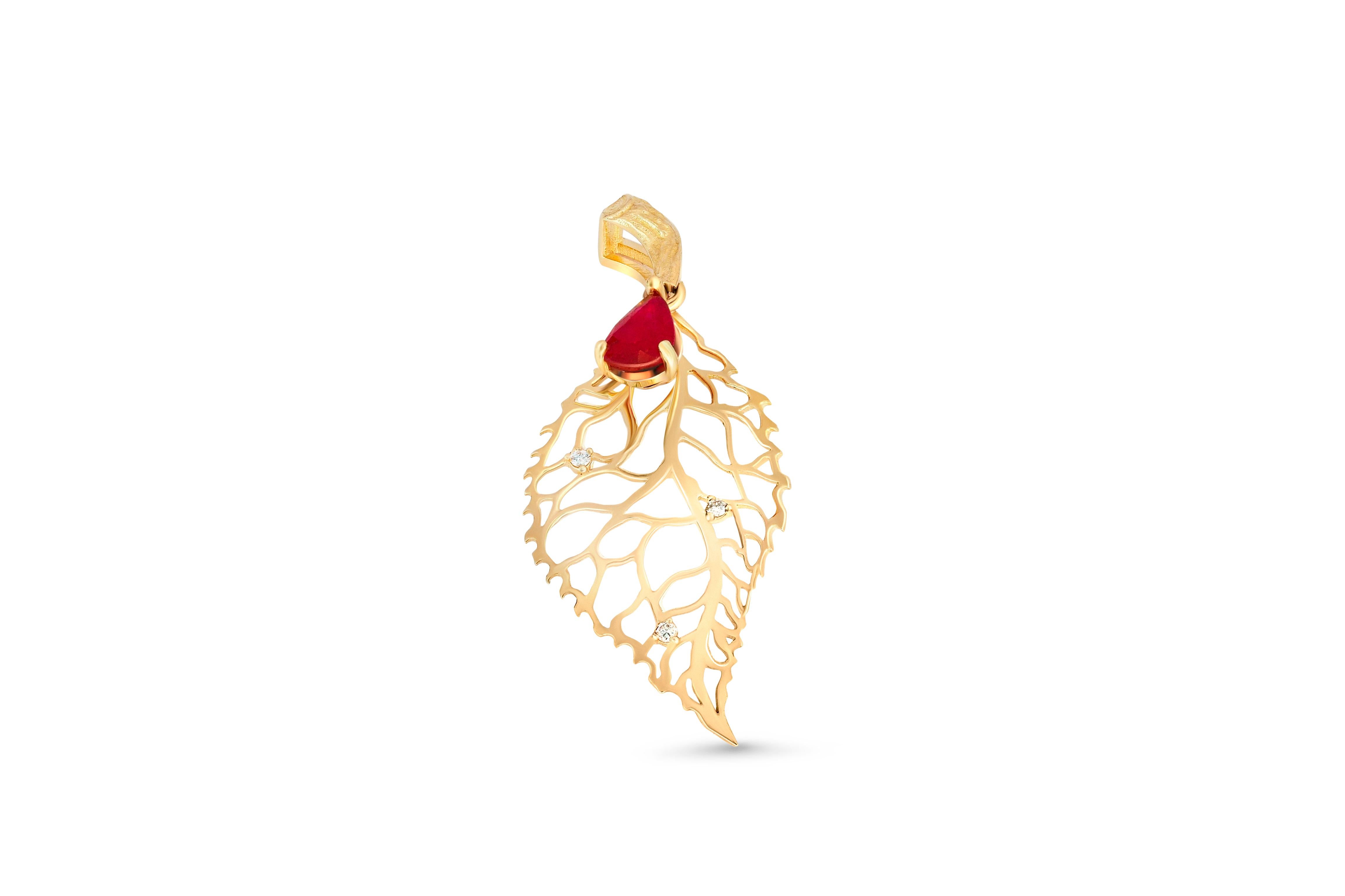 Leaf pendant with ruby and diamonds. 
14k gold leaf pendant. Pear ruby pendant. Genuine ruby pendant. Small Leaf, Mini Charm Necklace.

Weight: 1.3 g.
Gold - 14k  gold.
Pendant size in mm - 37х14.86 mm. 

Central stone:ruby
Cut: pear
Weight: 0.75