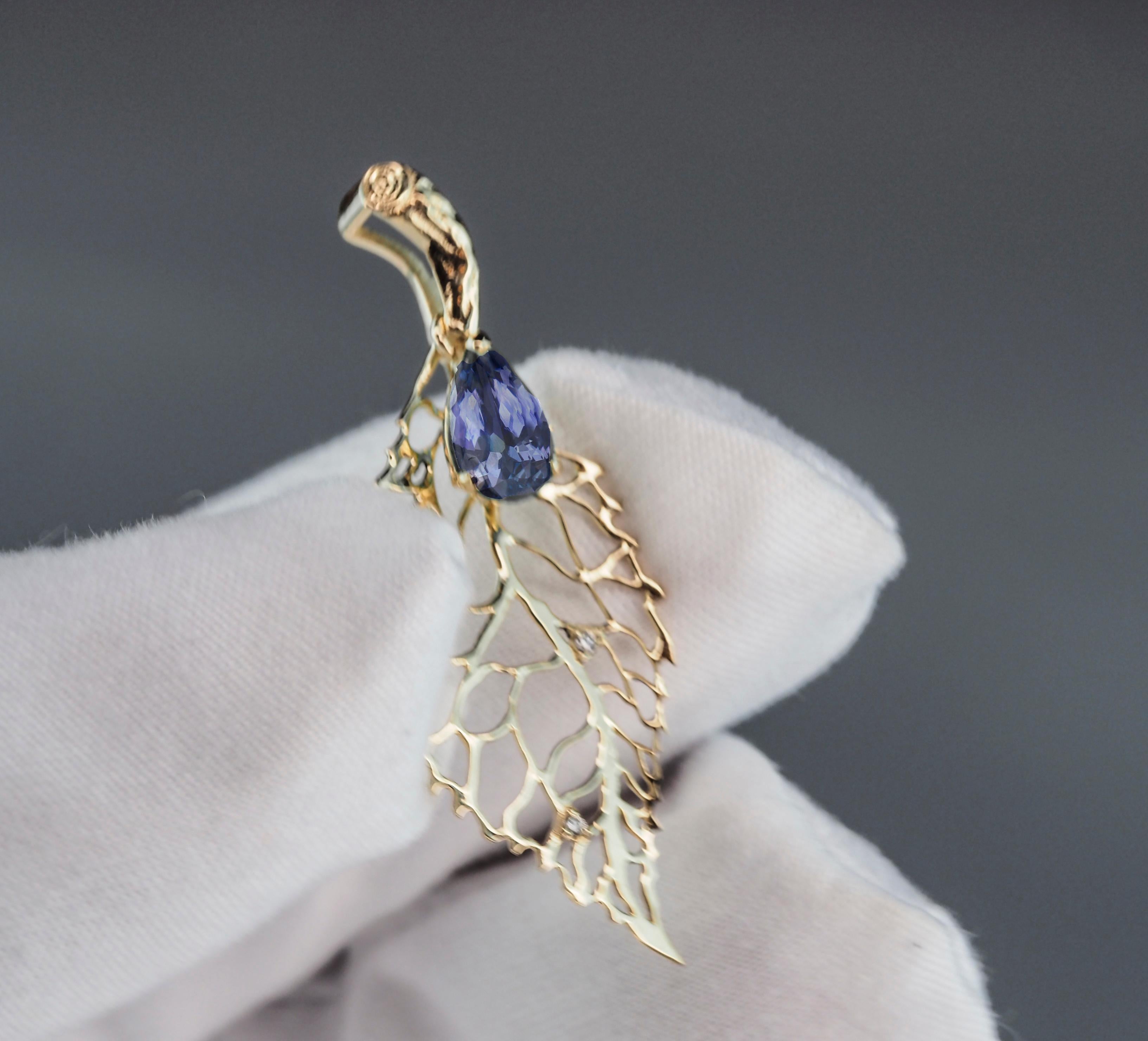 Leaf pendant with sapphire, diamonds.  For Sale 2