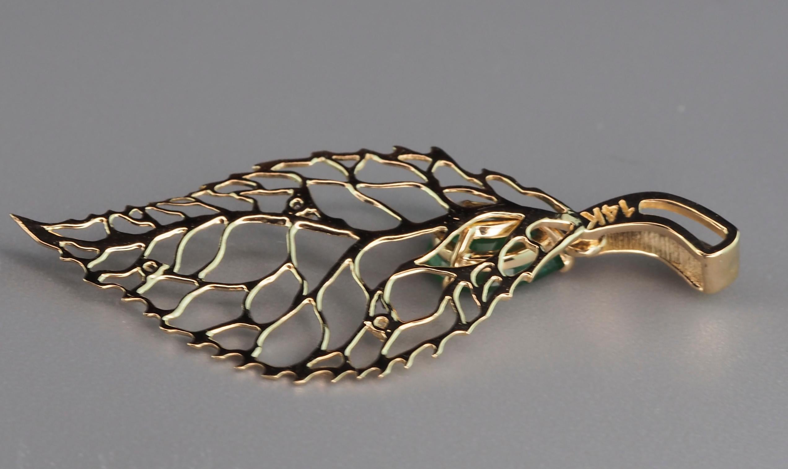 Leaf pendant with sapphire, diamonds.  For Sale 3