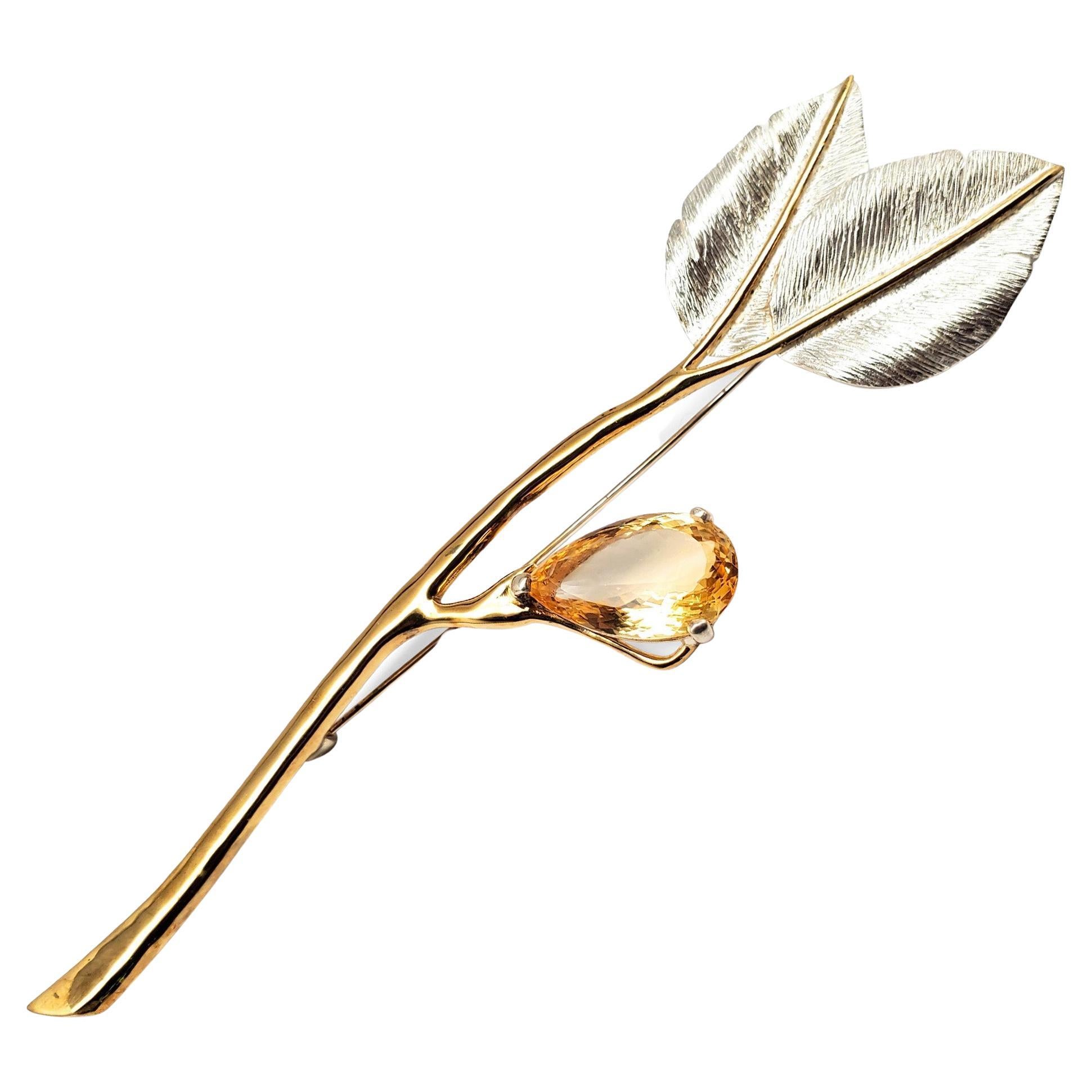Leaf Pin in Argentium Silver, Vermeil and Pear Cut Citrine