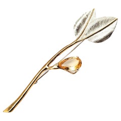 Leaf Pin in Argentium Silver, Vermeil and Pear Cut Citrine