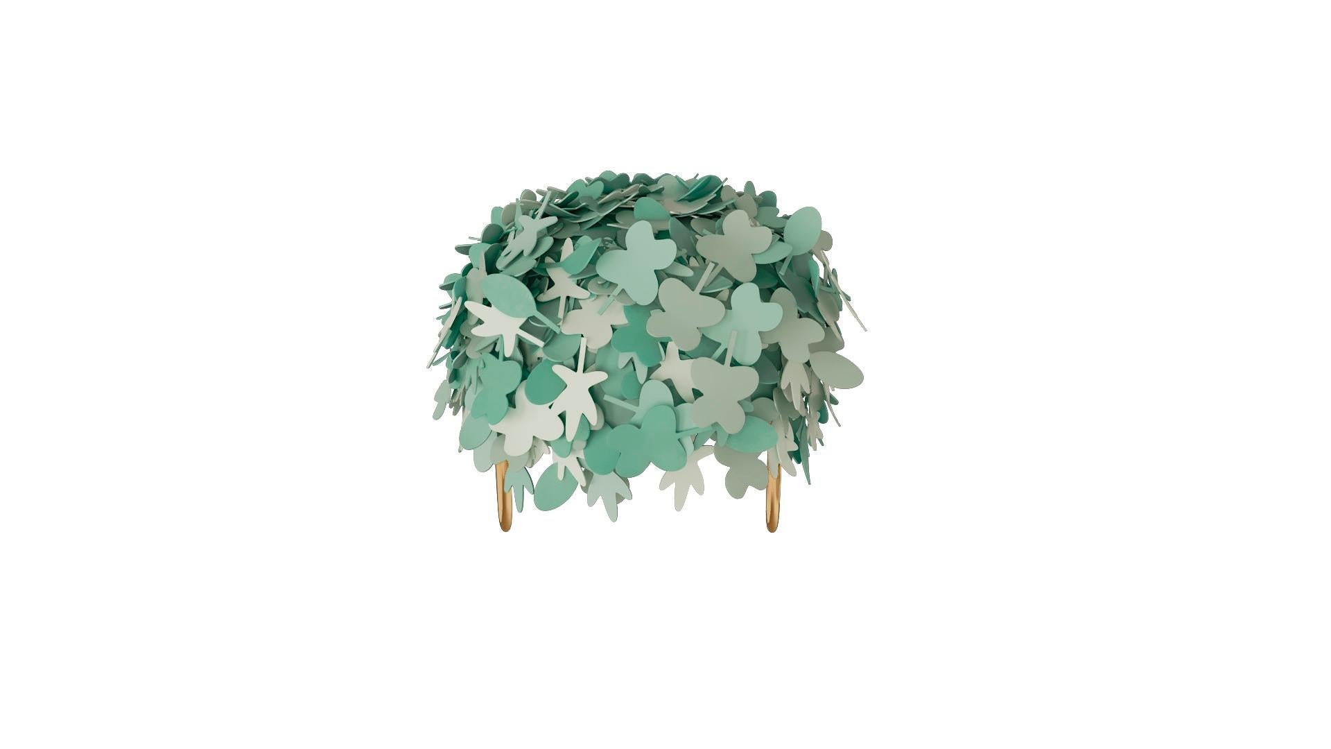 The comfortable Leaf Pouf with rich green leather and brass legs by Marcantonio, is a playful pile of leaves in shades of rich green leather, with slick brass legs.

For his debut creations, Marcantonio introduced “Vegetal Animal”, a concept that