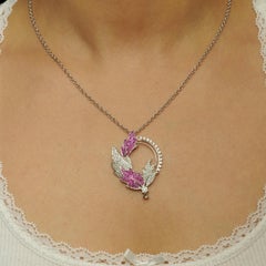 2.83 Carat Leaf Ruby Gemstone Natural Diamond Statement Necklace, 14K White Gold