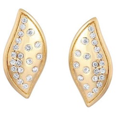 Leaf Shape 14K Yellow Gold Diamond Studs Earrings