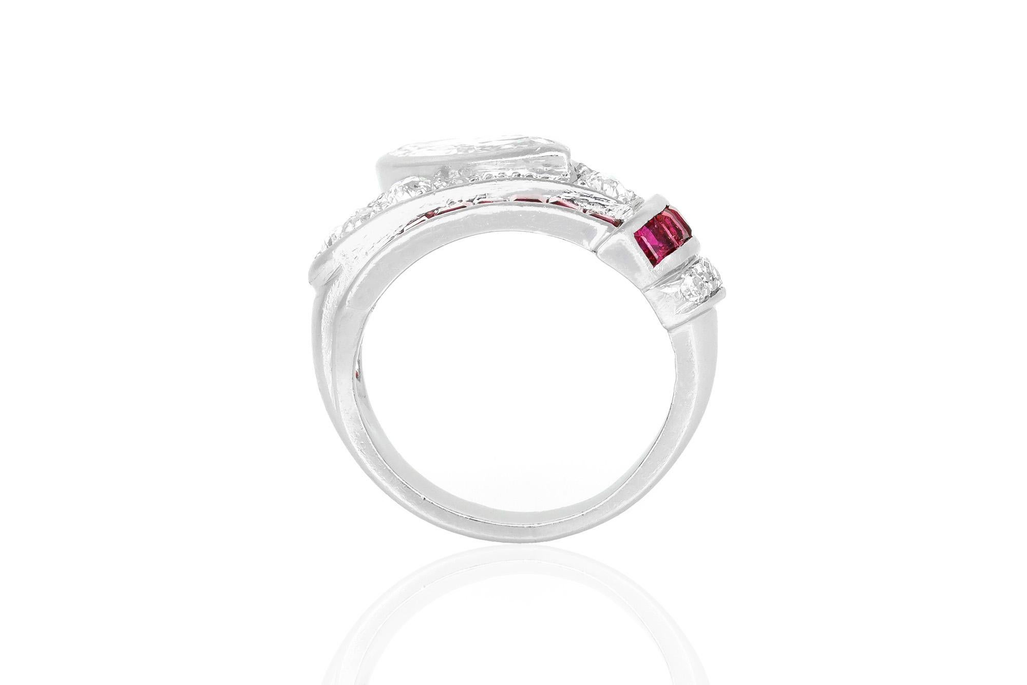 Women's Marquise Diamond Ribbon Style Ring with Rubies For Sale