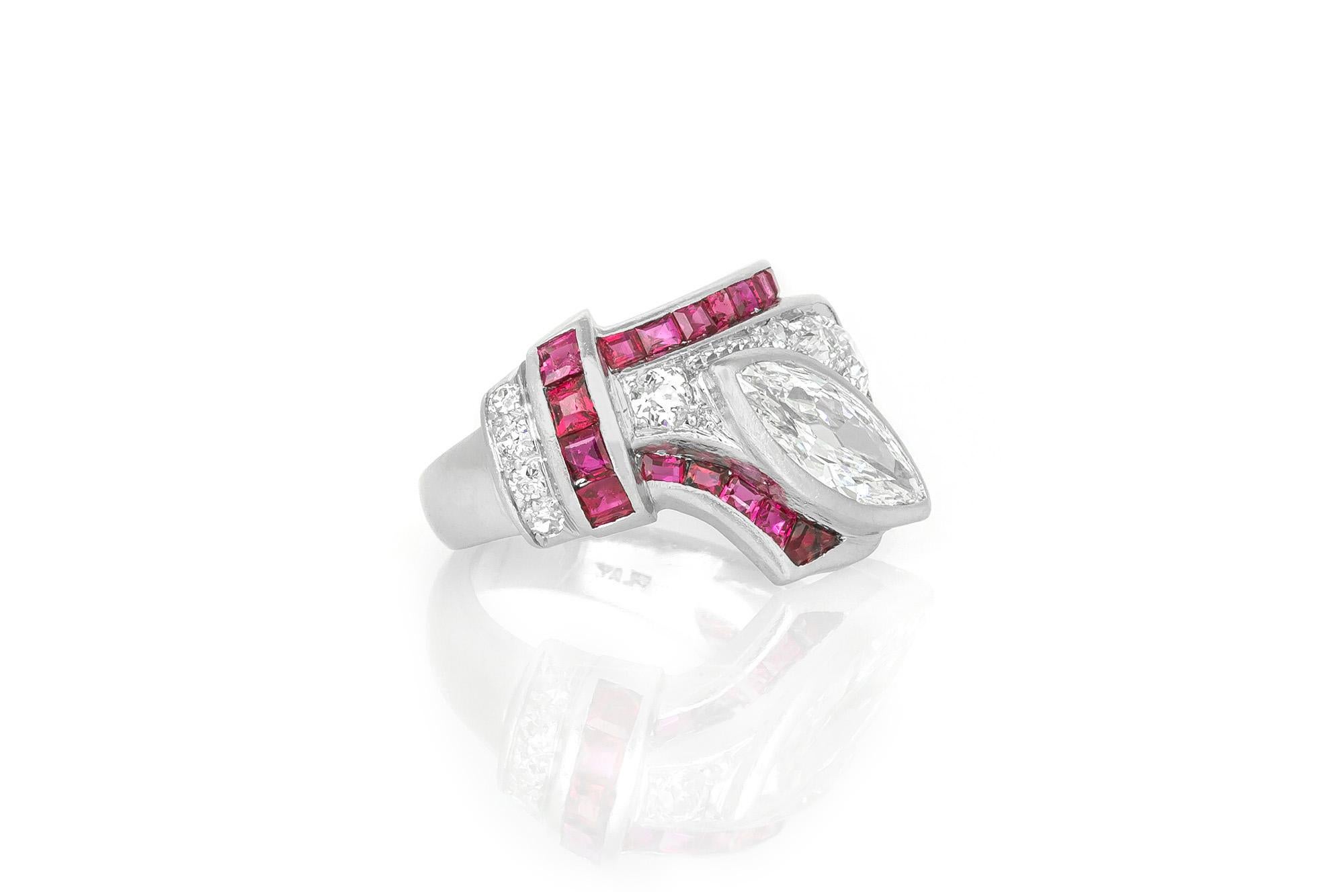 Marquise Cut Marquise Diamond Ribbon Style Ring with Rubies For Sale