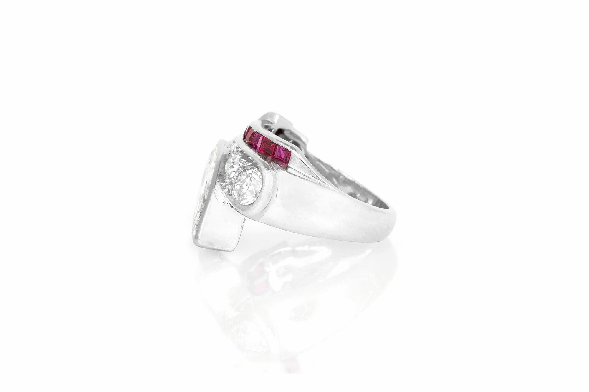 Marquise Diamond Ribbon Style Ring with Rubies In Good Condition For Sale In New York, NY