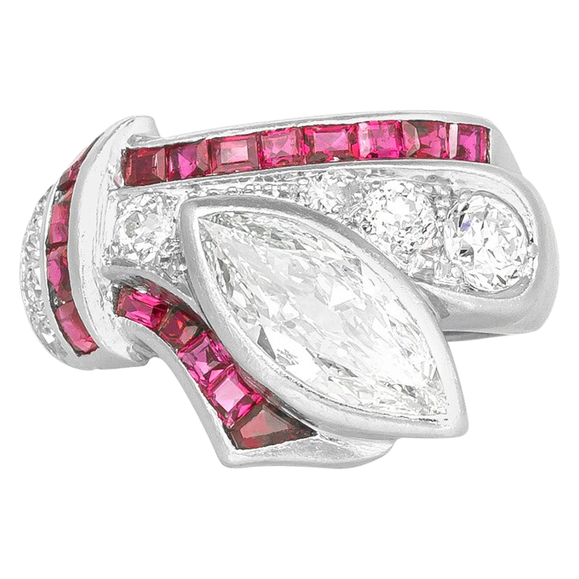 Marquise Diamond Ribbon Style Ring with Rubies