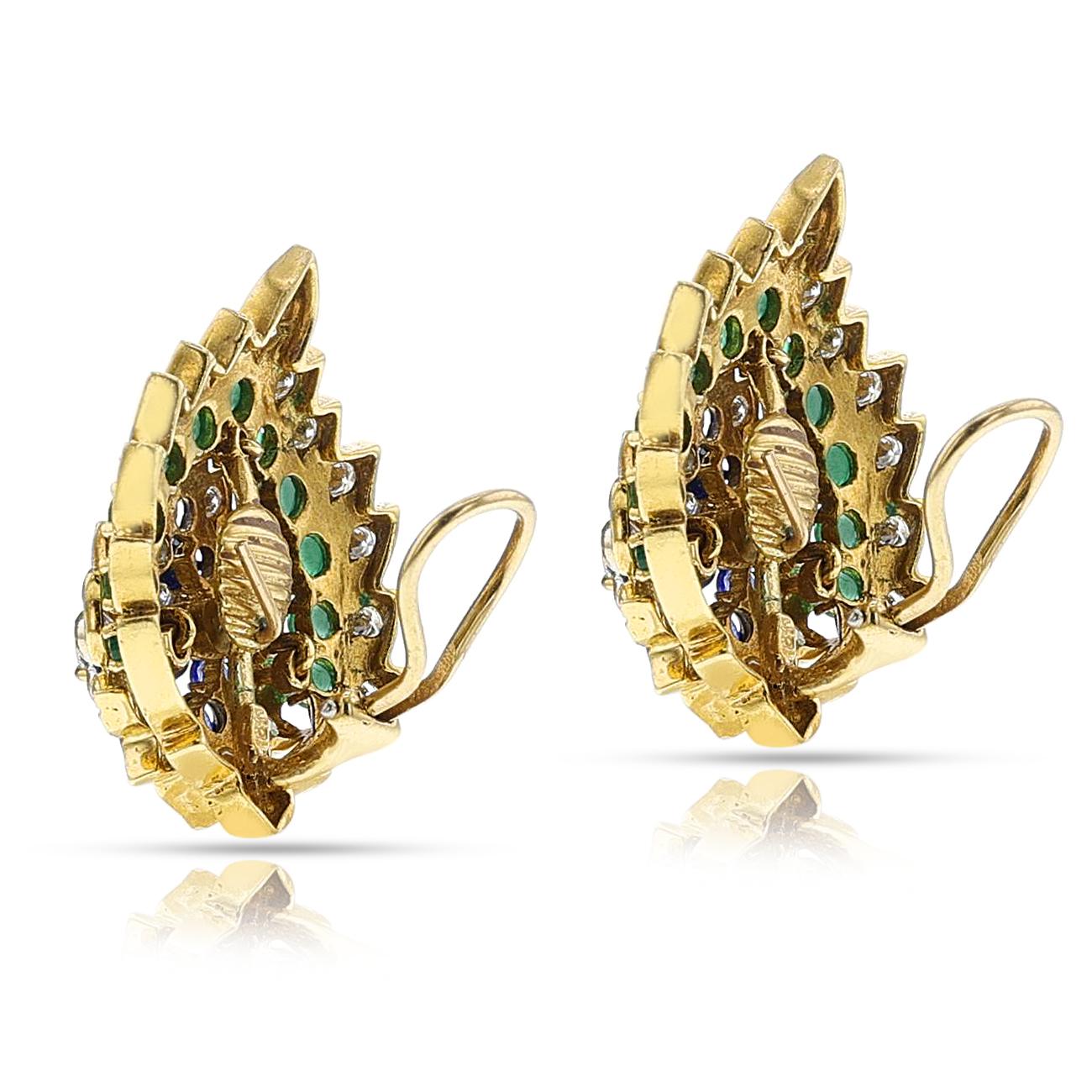 Round Cut Leaf-Shape Diamond, Sapphire, and Emerald Large Cocktail Earrings, 18k For Sale