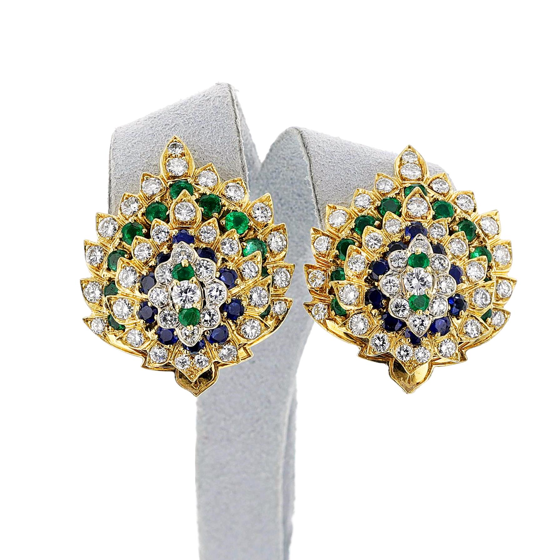 Leaf-Shape Diamond, Sapphire, and Emerald Large Cocktail Earrings, 18k In Excellent Condition For Sale In New York, NY