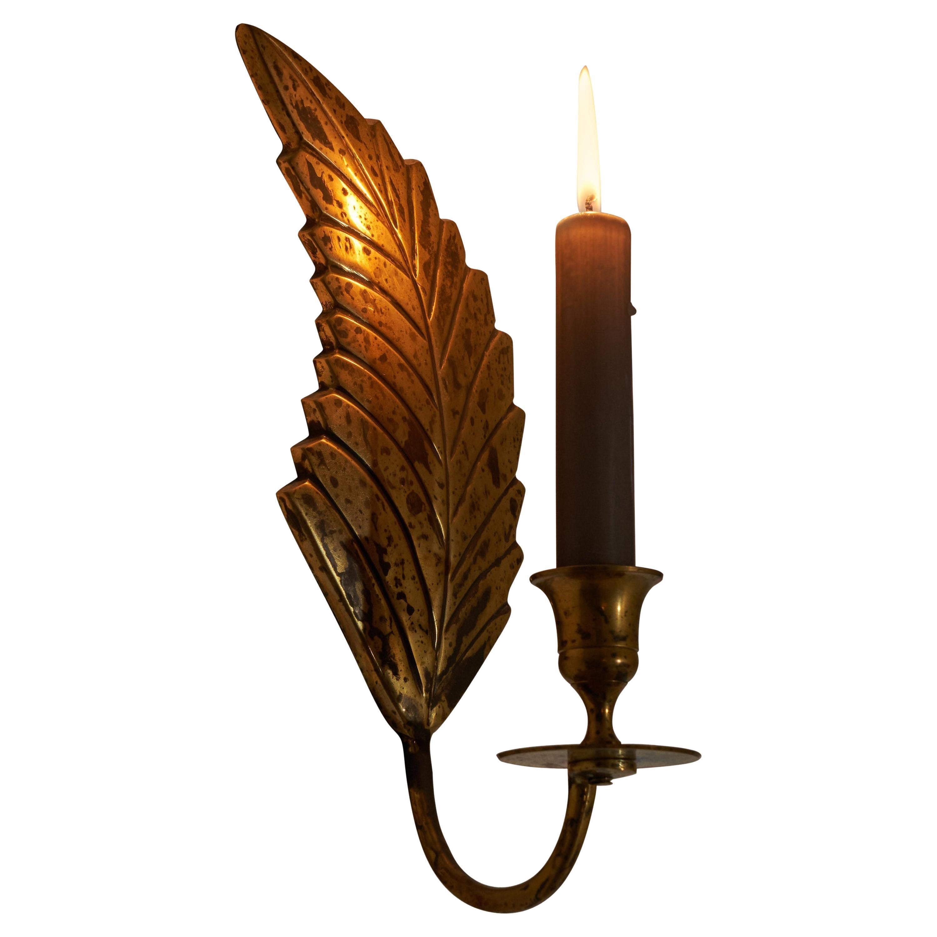 Leaf Shaped Candle Sconce in Patinated Brass 1970s