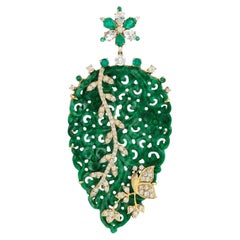 Leaf Shaped Carved Jade Pendant With Pave Diamonds Butterfly In 18k Yellow Gold
