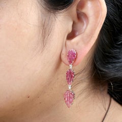 Leaf Shaped Carved Pink Tourmaline Dangle Earrings With Diamonds In 14k Gold