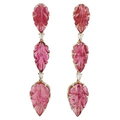Leaf Shaped Carved Pink Tourmaline Dangle Earrings With Diamonds In 14k Gold
