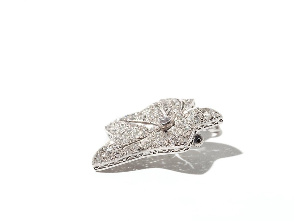 Round Cut Leaf-Shaped Diamond Platinum Brooch/Pendant For Sale