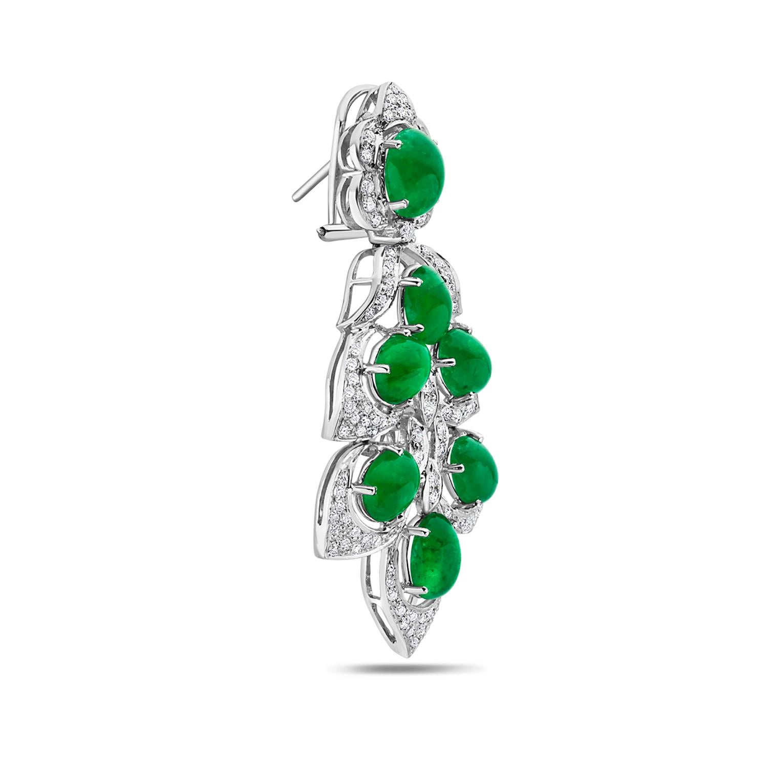Contemporary Leaf Shaped Earring with Cabochon Zambian Emerald & VS Diamonds in 18k Gold For Sale