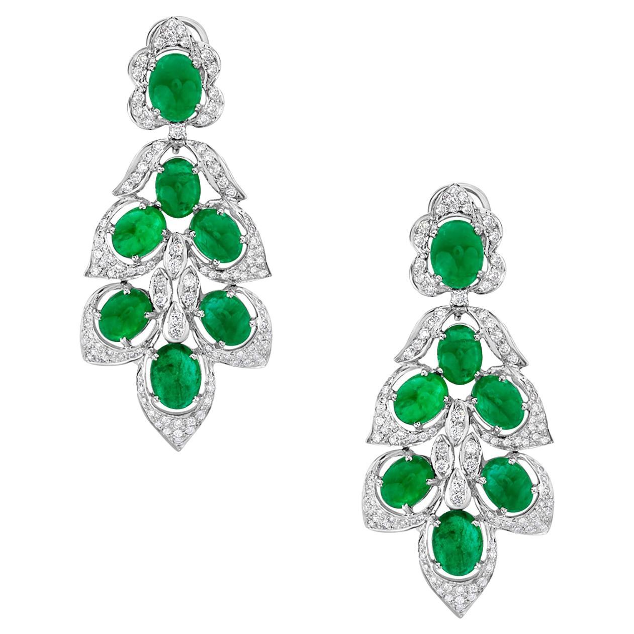 Leaf Shaped Earring with Cabochon Zambian Emerald & VS Diamonds in 18k Gold For Sale