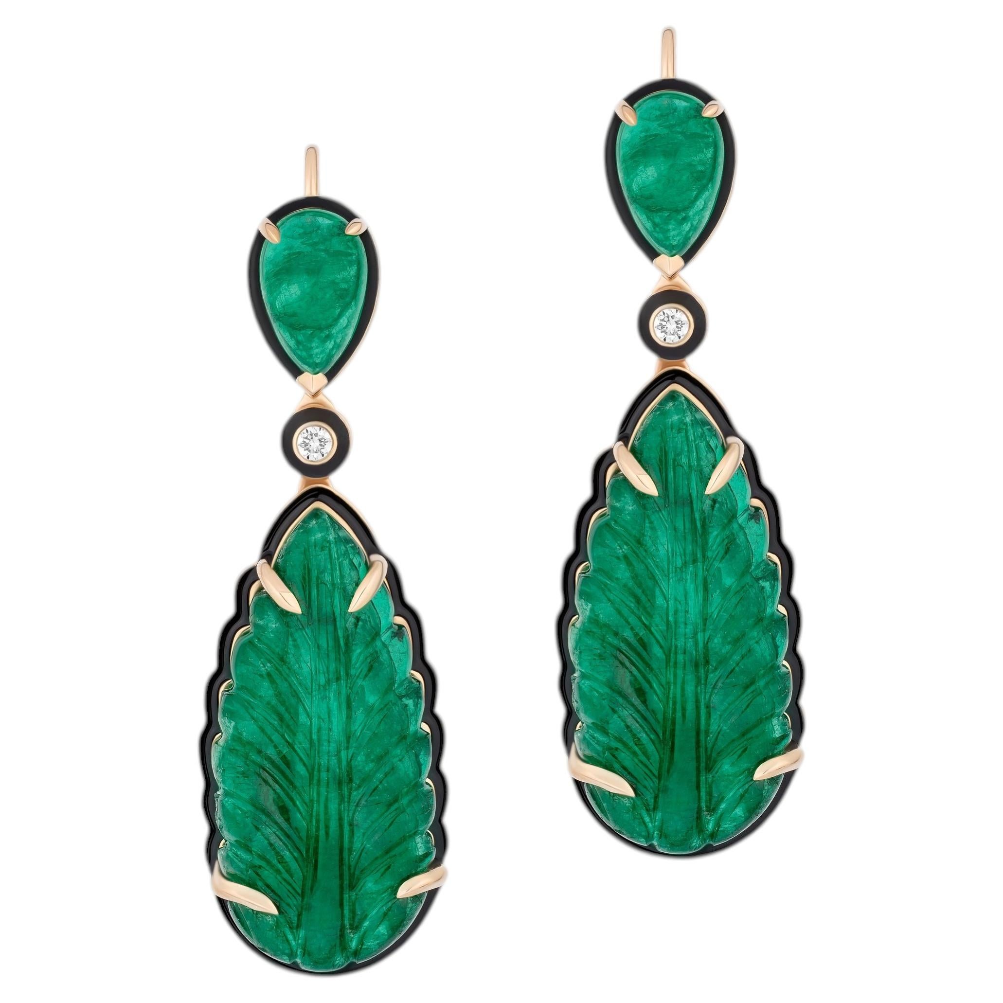 Leaf Shaped Emerald Carved Earrings