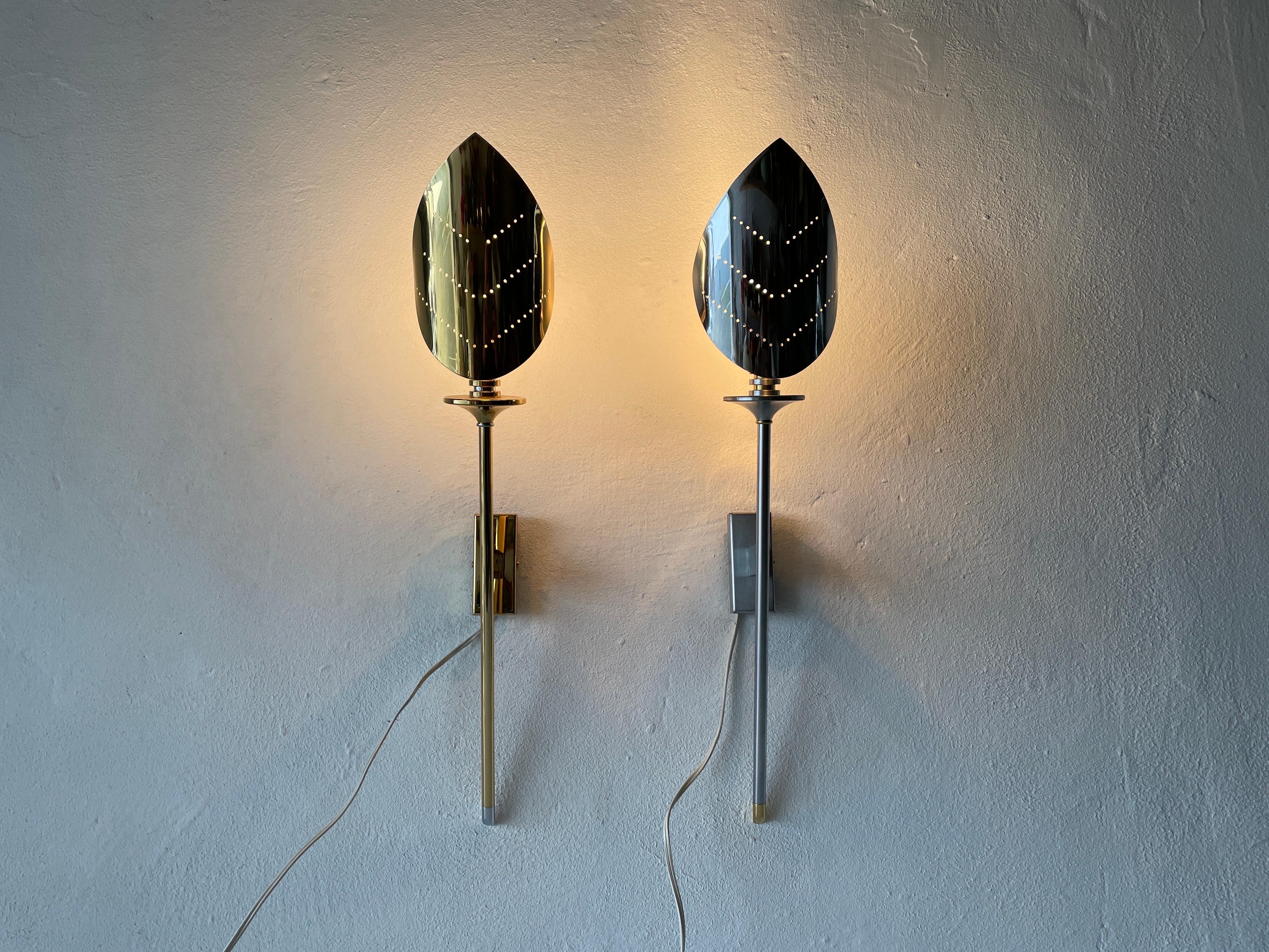 Late 20th Century Leaf Shaped Gold and Chrome Pair of Sconces by Baulmann Leuchten, 1980s, Germany For Sale