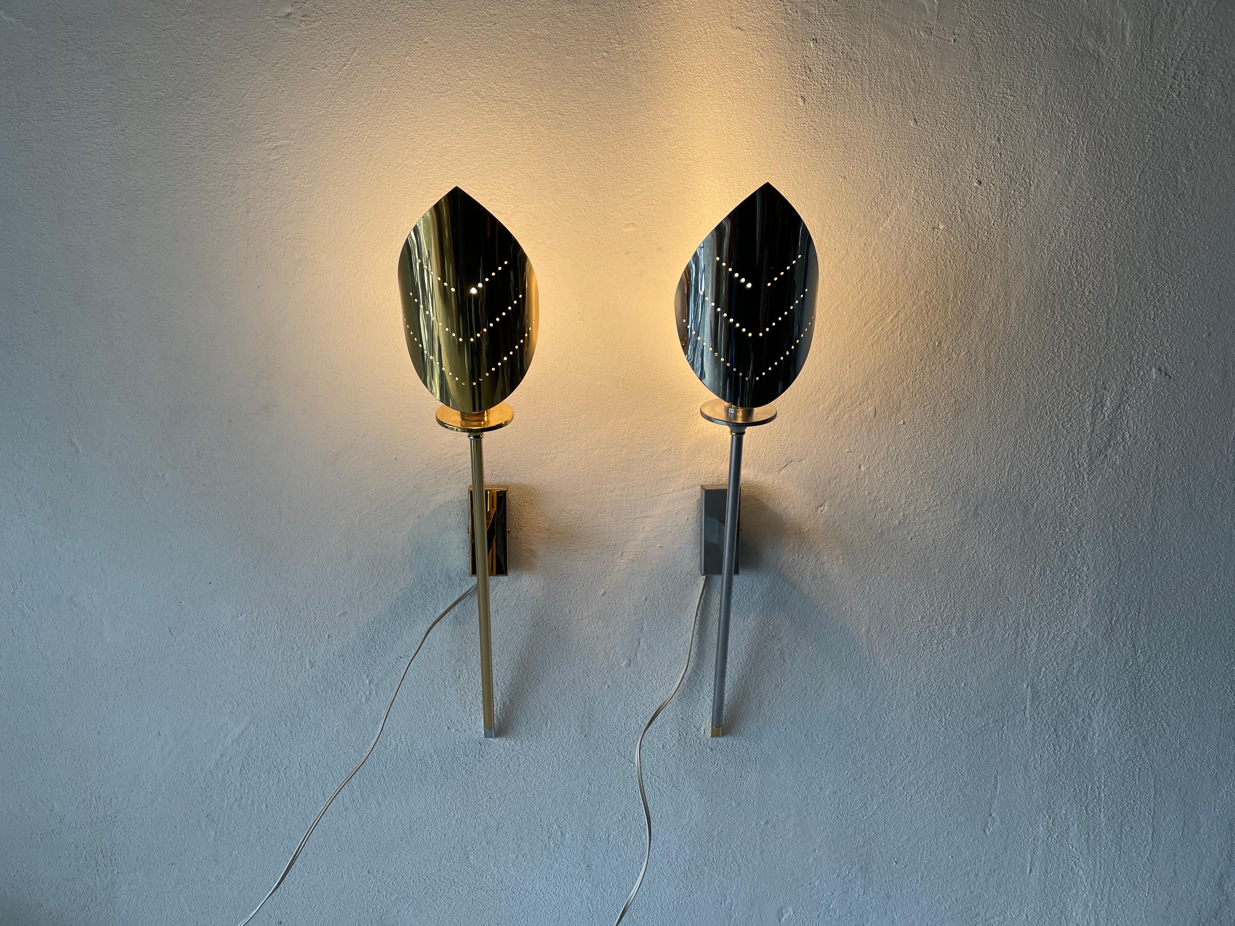 Metal Leaf Shaped Gold and Chrome Pair of Sconces by Baulmann Leuchten, 1980s, Germany For Sale