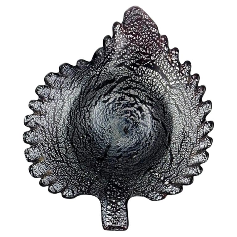 Leaf-Shaped Murano Bowl in Black and Silver Colored Mouth-Blown Art Glass