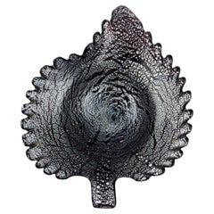 Retro Leaf-Shaped Murano Bowl in Black and Silver Colored Mouth-Blown Art Glass