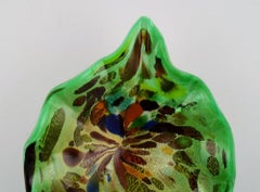 Leaf-Shaped Murano Bowl in Polychrome Mouth Blown Art Glass, Green Background