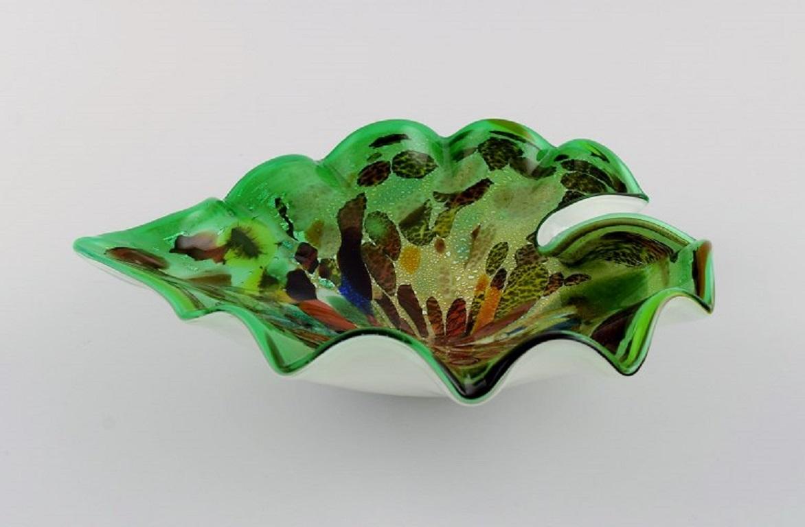 Italian Leaf-Shaped Murano Bowl in Polychrome Mouth Blown Art Glass, Green Background For Sale