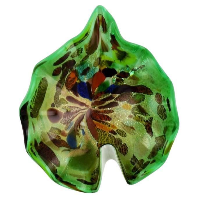 Leaf-Shaped Murano Bowl in Polychrome Mouth Blown Art Glass, Green Background