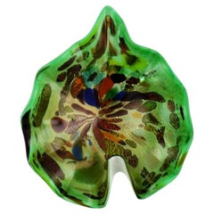 Vintage Leaf-Shaped Murano Bowl in Polychrome Mouth Blown Art Glass, Green Background