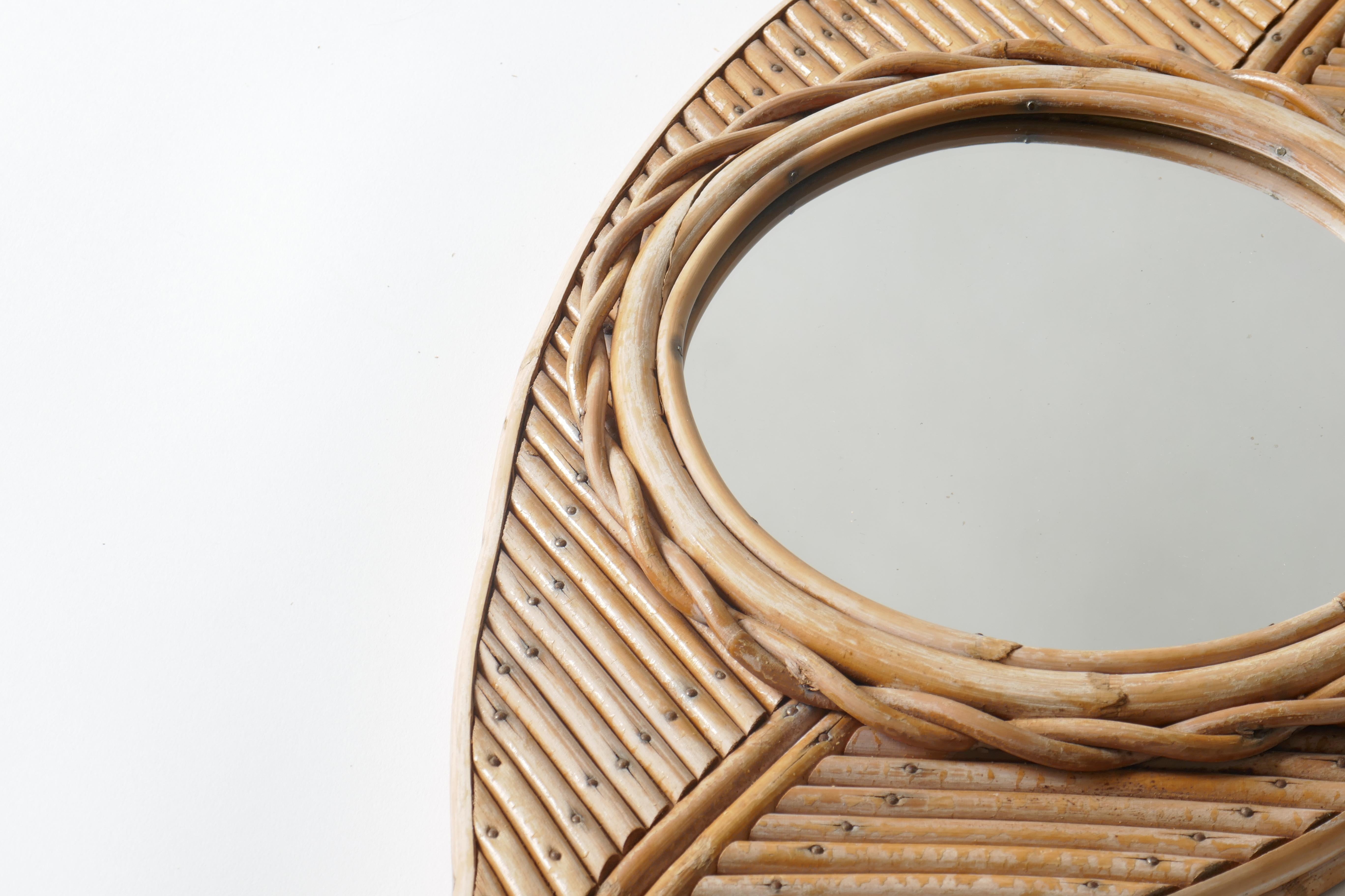 French Leaf Shaped Rattan Mirror, France, 1960s