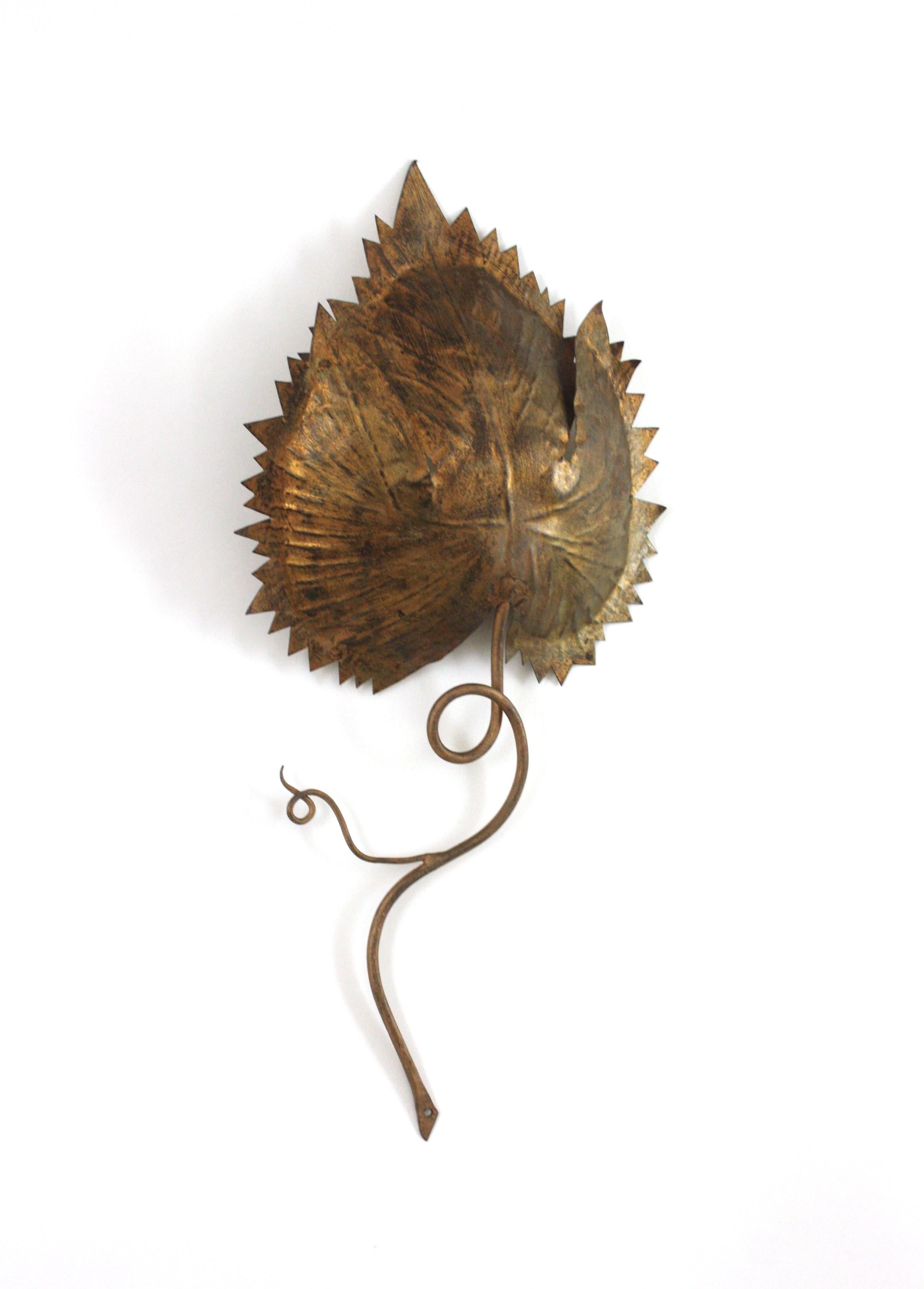 Leaf Shaped Wall Light / Wall Sculpture in Gilt Iron, Spain 1950s For Sale 2
