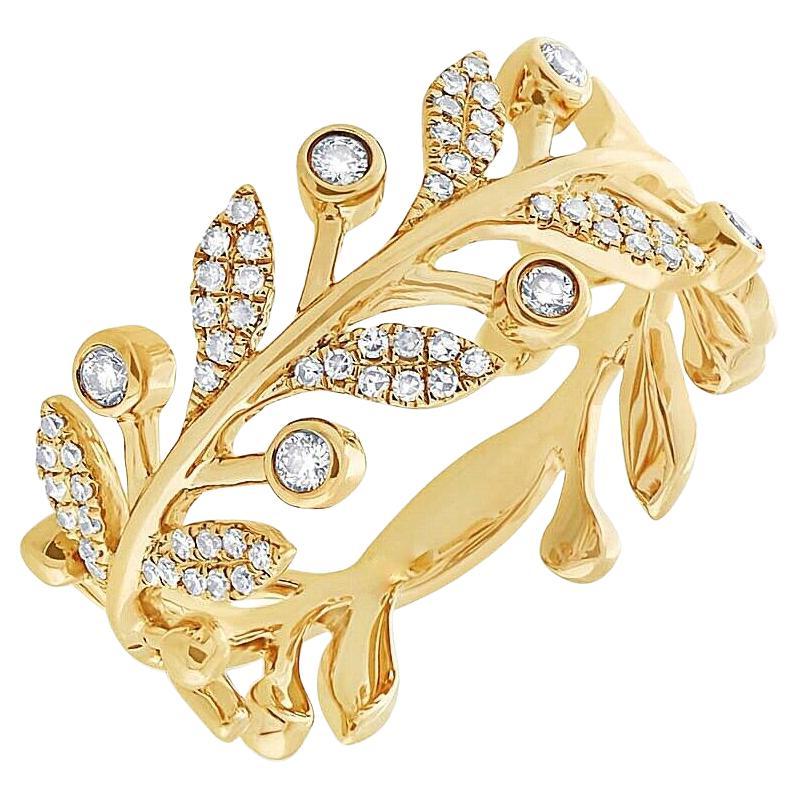 Leaf Style 0.24 Total Carat Round Bezel Diamond Yellow Gold Cocktail Ring For Sale