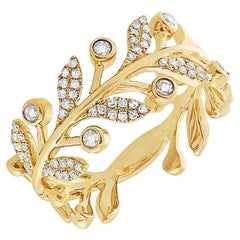 Leaf Style 0.24 Total Carat Round Bezel Diamond Yellow Gold Cocktail Ring
