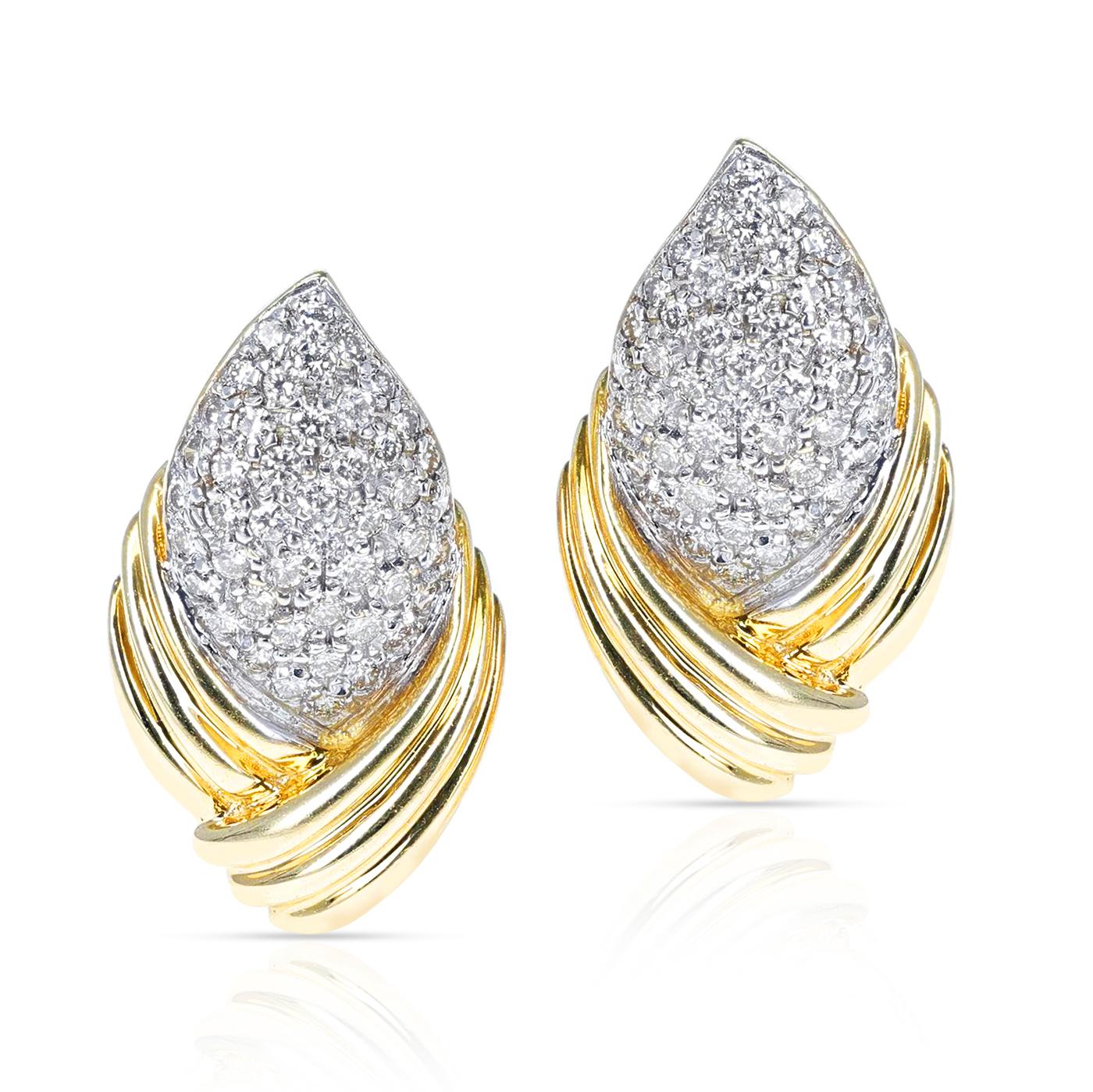 Leaf-Style Diamond Cocktail Earrings, 18K Yellow Gold In Excellent Condition For Sale In New York, NY