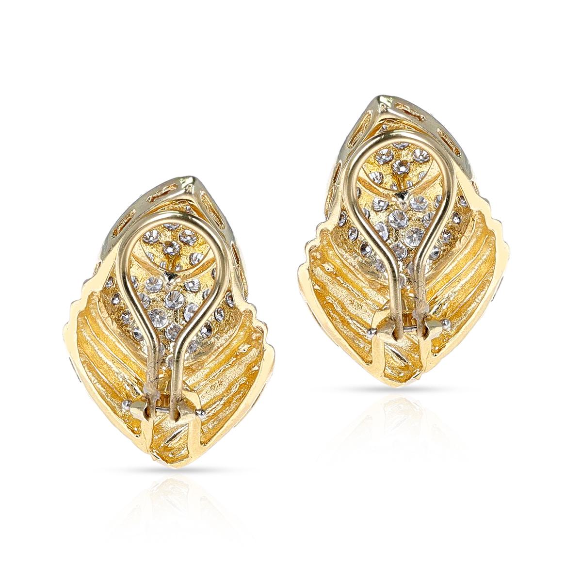 Women's or Men's Leaf-Style Diamond Cocktail Earrings, 18K Yellow Gold For Sale