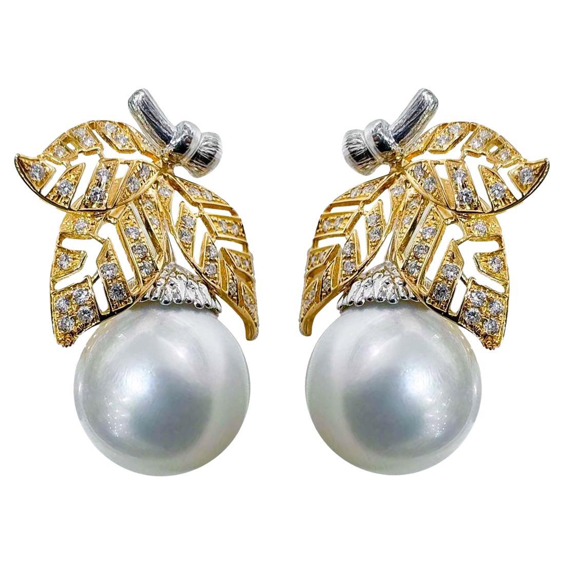 【Vine Symphony】Leaf Veil Aurora South Sea Pearl Diamond Earrings For Sale