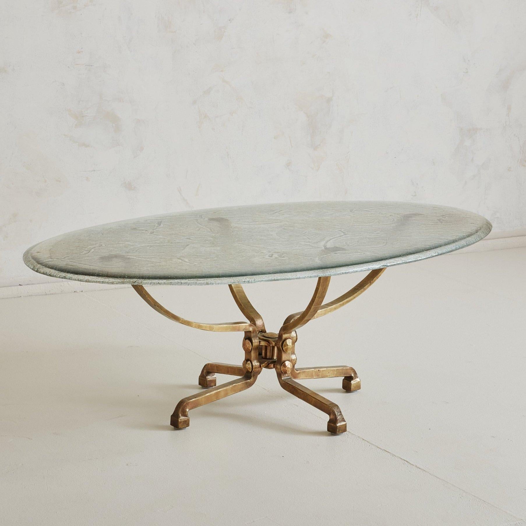 German Leaf + Vine Design Coffee Table with Glass Top + Bronze Base by Lothar Klute For Sale