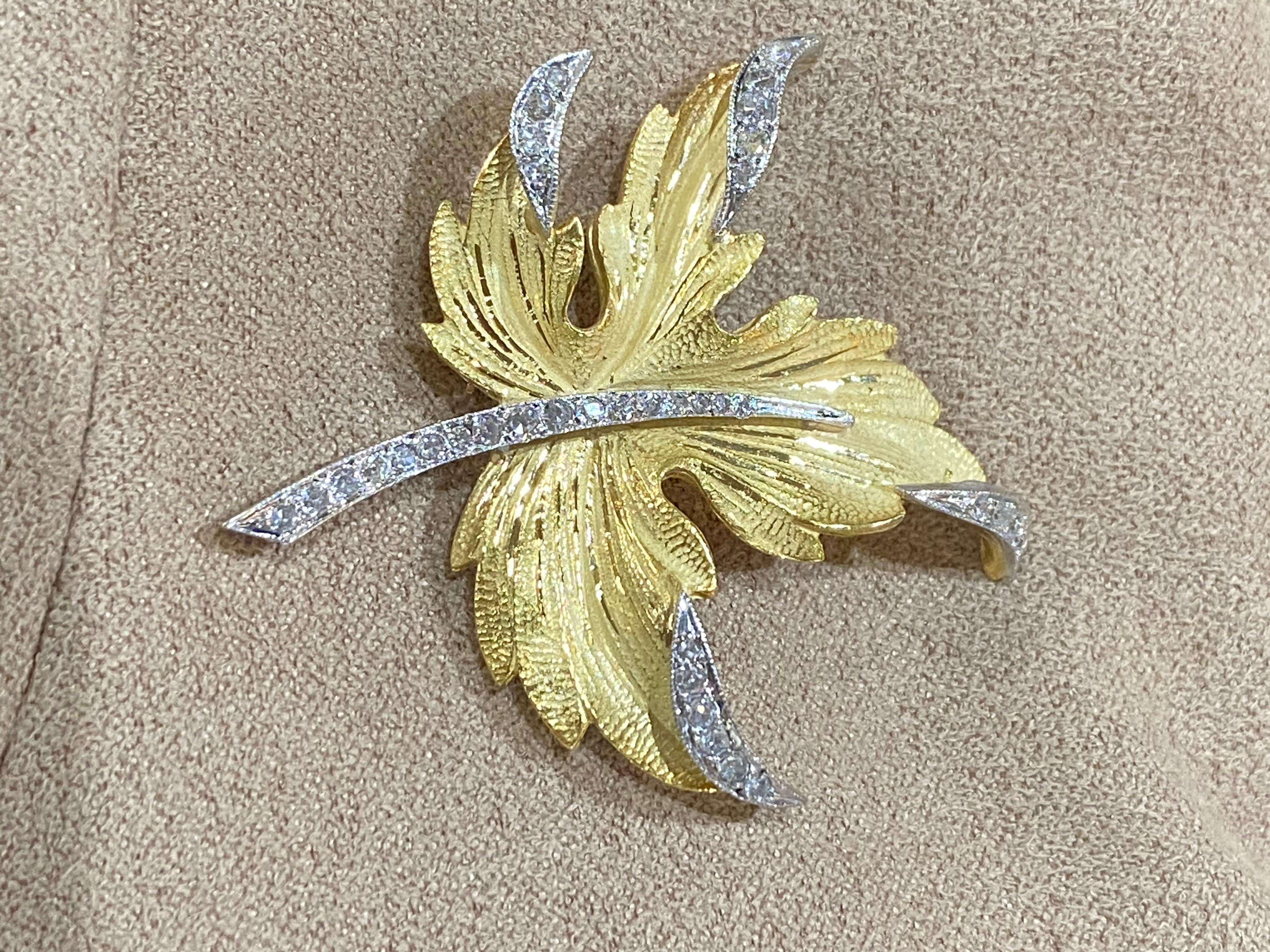 Leaf with Diamond Yellow Gold Brooch 1