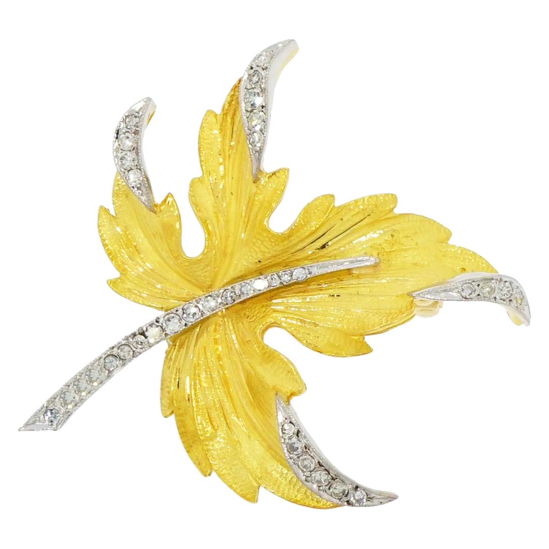 Leaf with Diamond Yellow Gold Brooch