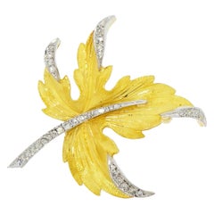 Leaf with Diamond Yellow Gold Brooch