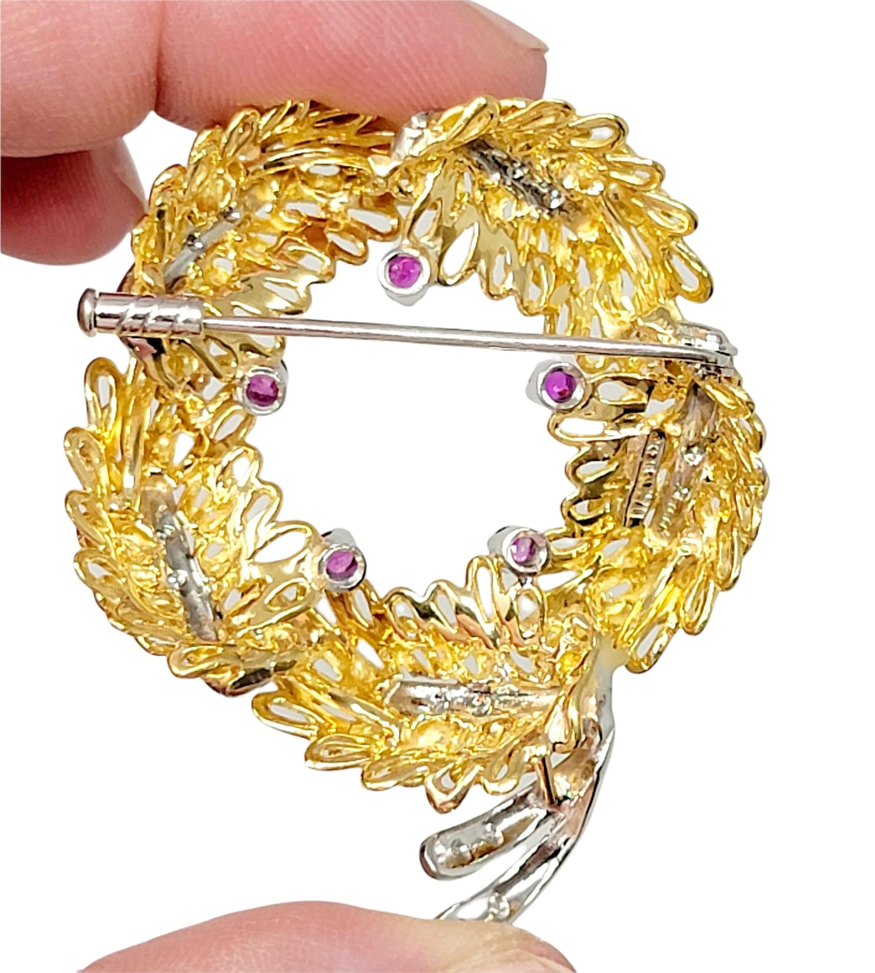 Leaf Wreath Brooch Pin with Diamond and Ruby Detail in 14 Karat Gold For Sale 2