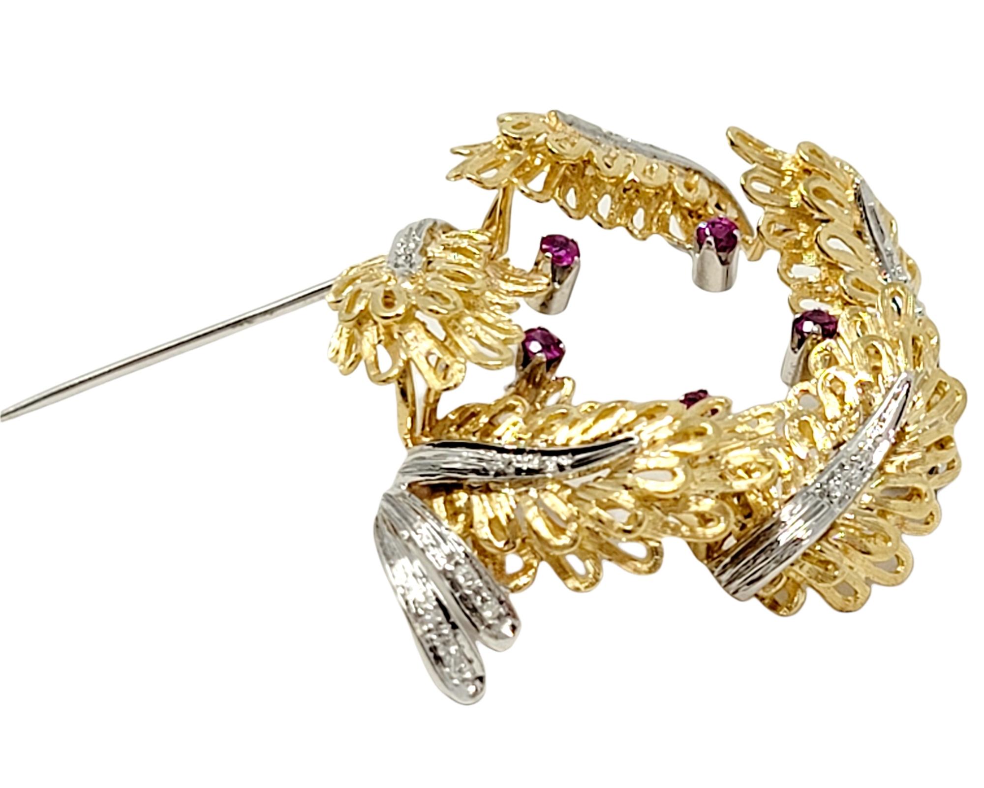 Round Cut Leaf Wreath Brooch Pin with Diamond and Ruby Detail in 14 Karat Gold For Sale