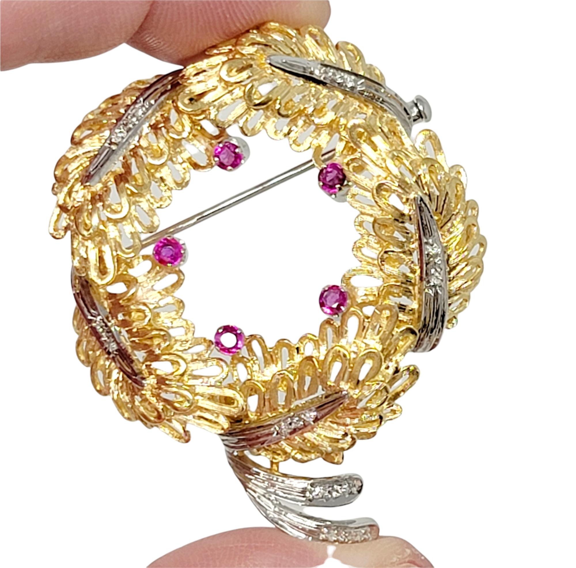 Leaf Wreath Brooch Pin with Diamond and Ruby Detail in 14 Karat Gold For Sale 1