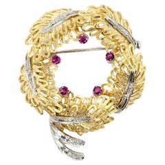 Vintage Leaf Wreath Brooch Pin with Diamond and Ruby Detail in 14 Karat Gold