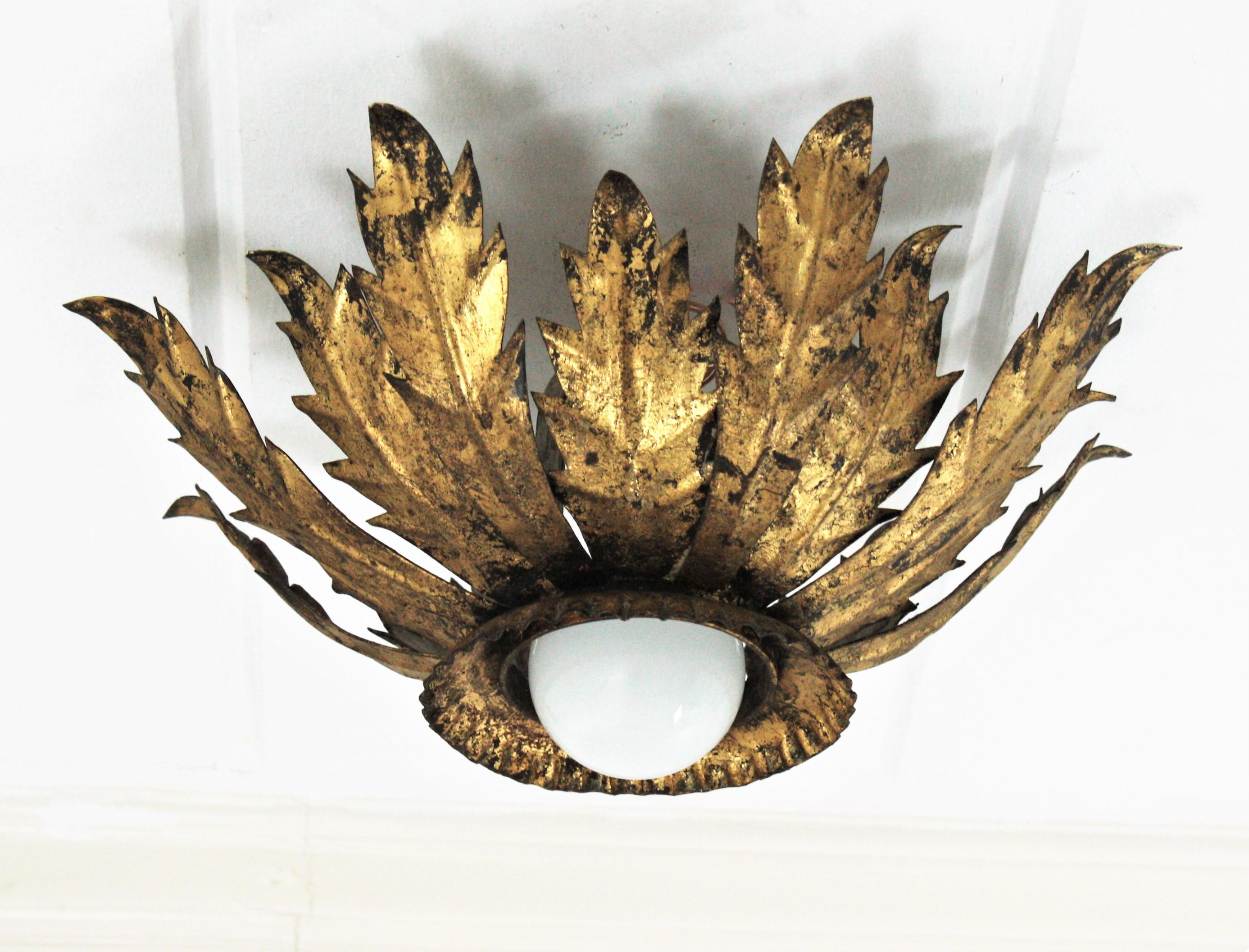 Hollywood Regency Leafed Crown Sunburst Light Fixture in Gold Gilt Metal For Sale
